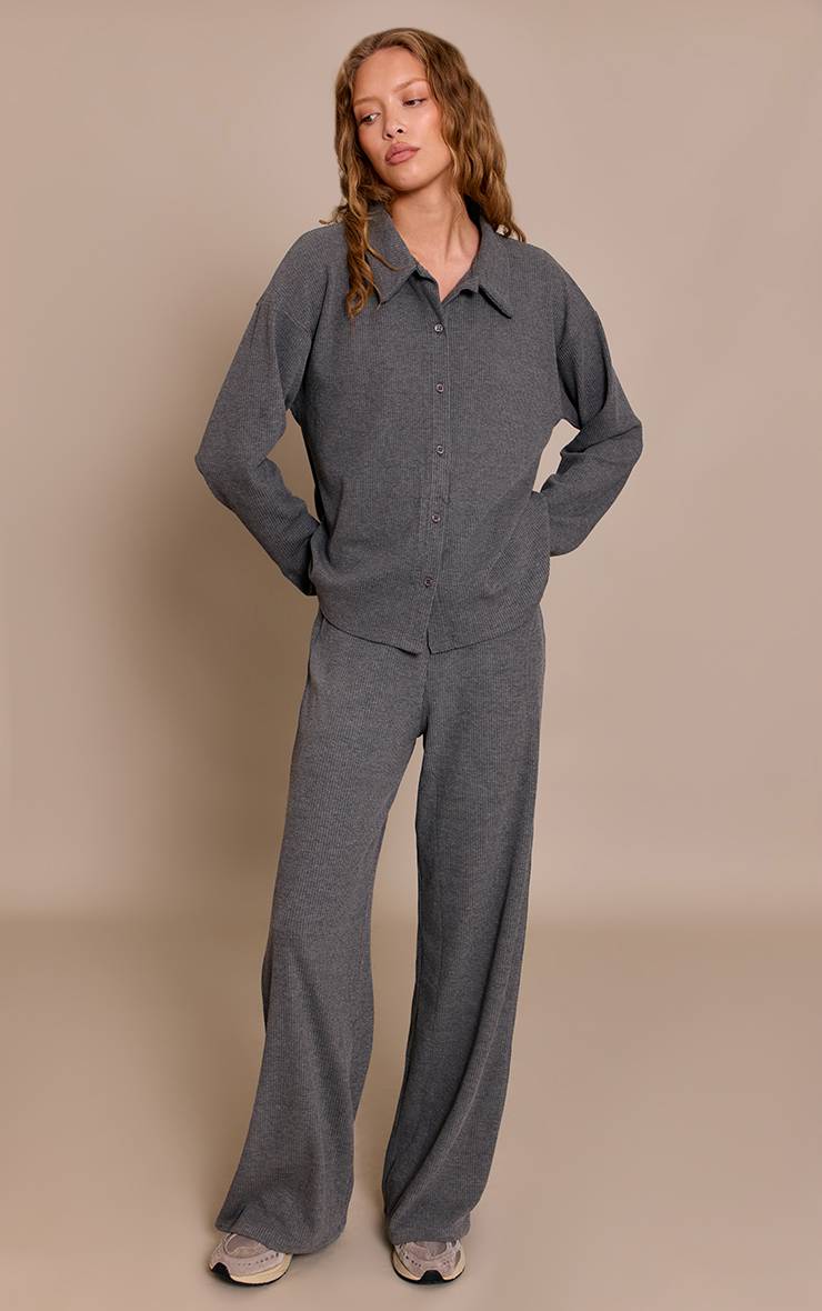 Charcoal Grey Pantalon Droit À Grosses Côtes Avec Taille Élastiquée