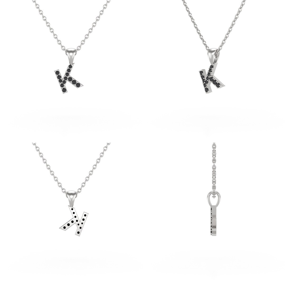Collier Pendentif ADEN Lettre K Or 750 Blanc Diamant Noir Chaine Or 750 incluse 0.72grs