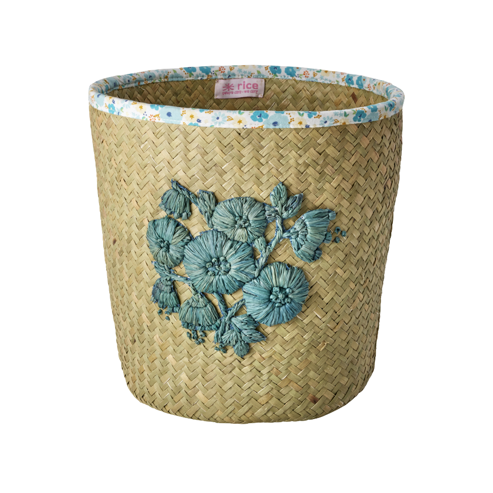 Rice - Raffia Basket with Blue Flower Embroidery and Flower Fabric Edge - Blue