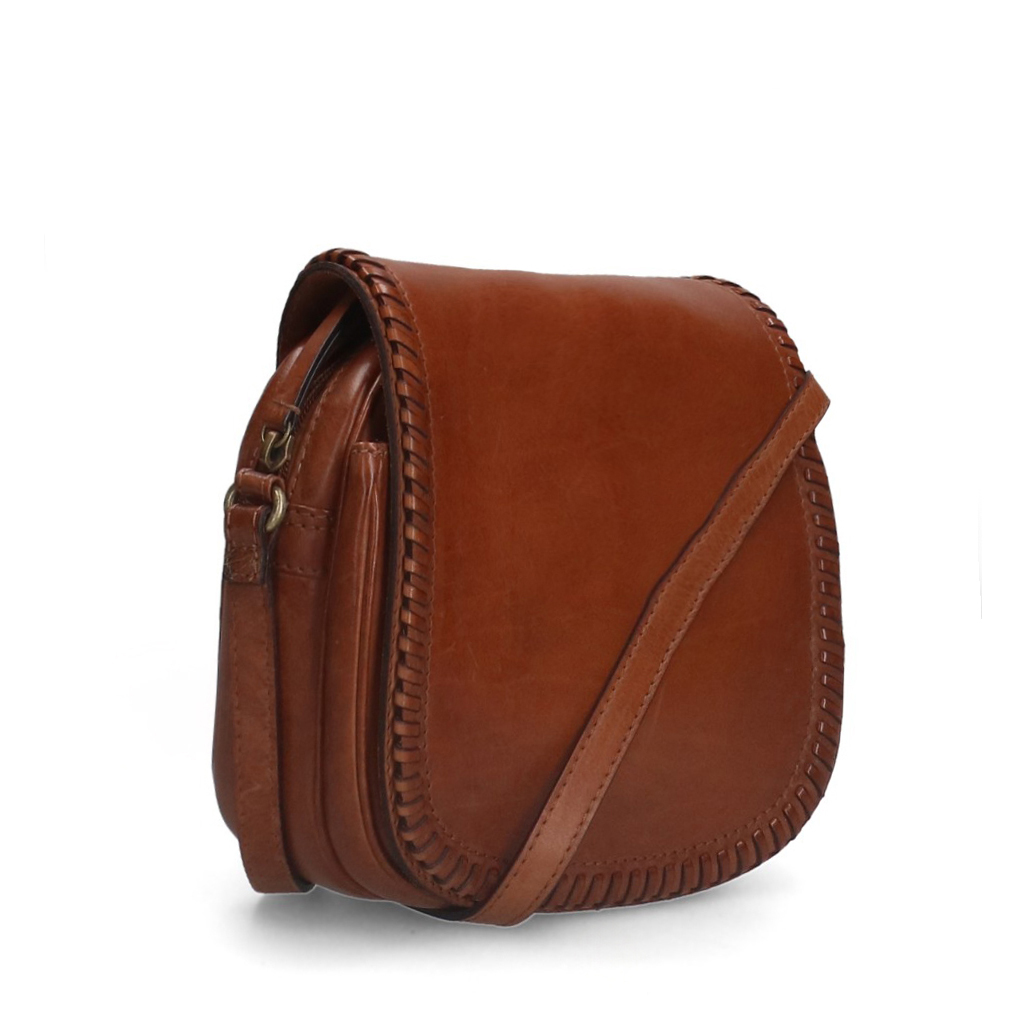 Cognac leren schoudertas met gevlochten details