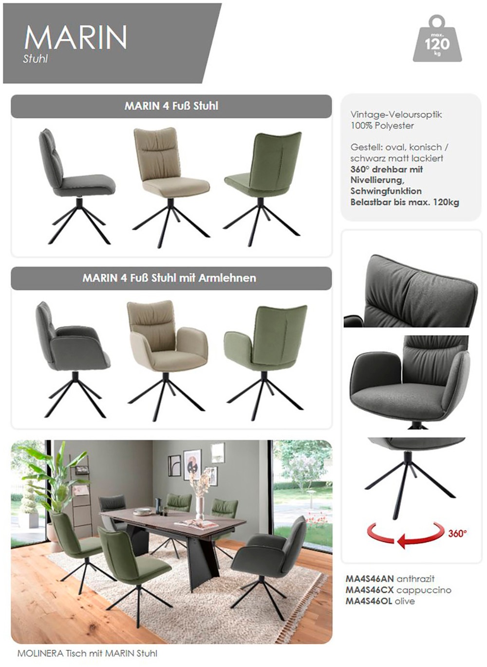 MCA furniture 4-Fussstuhl »MARIN Esszimmerstuhl (2er Set) - Stuhl« (Set) 2 Stk.360° drehbar, Metall schwarz, beweglichen Rücken, belastbar 120 kg