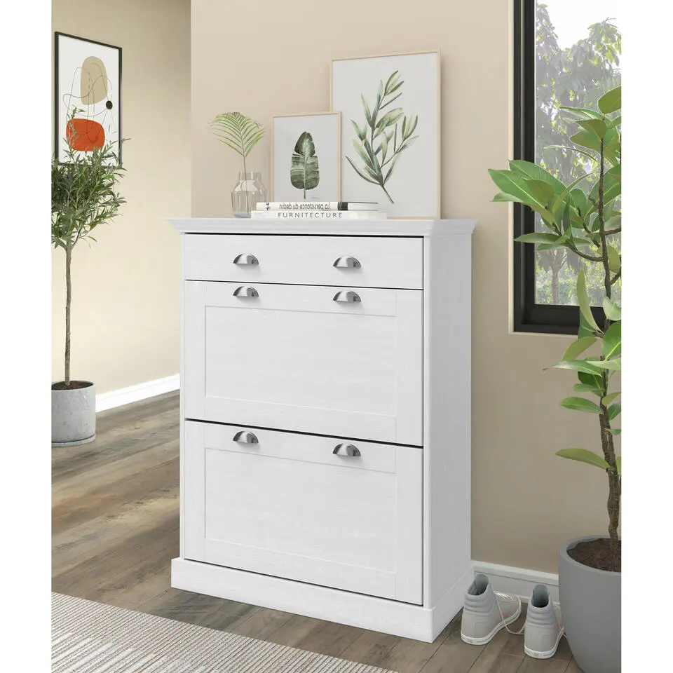 Motala - Schoenenkast met 2 kleppen en 1 lade in wit