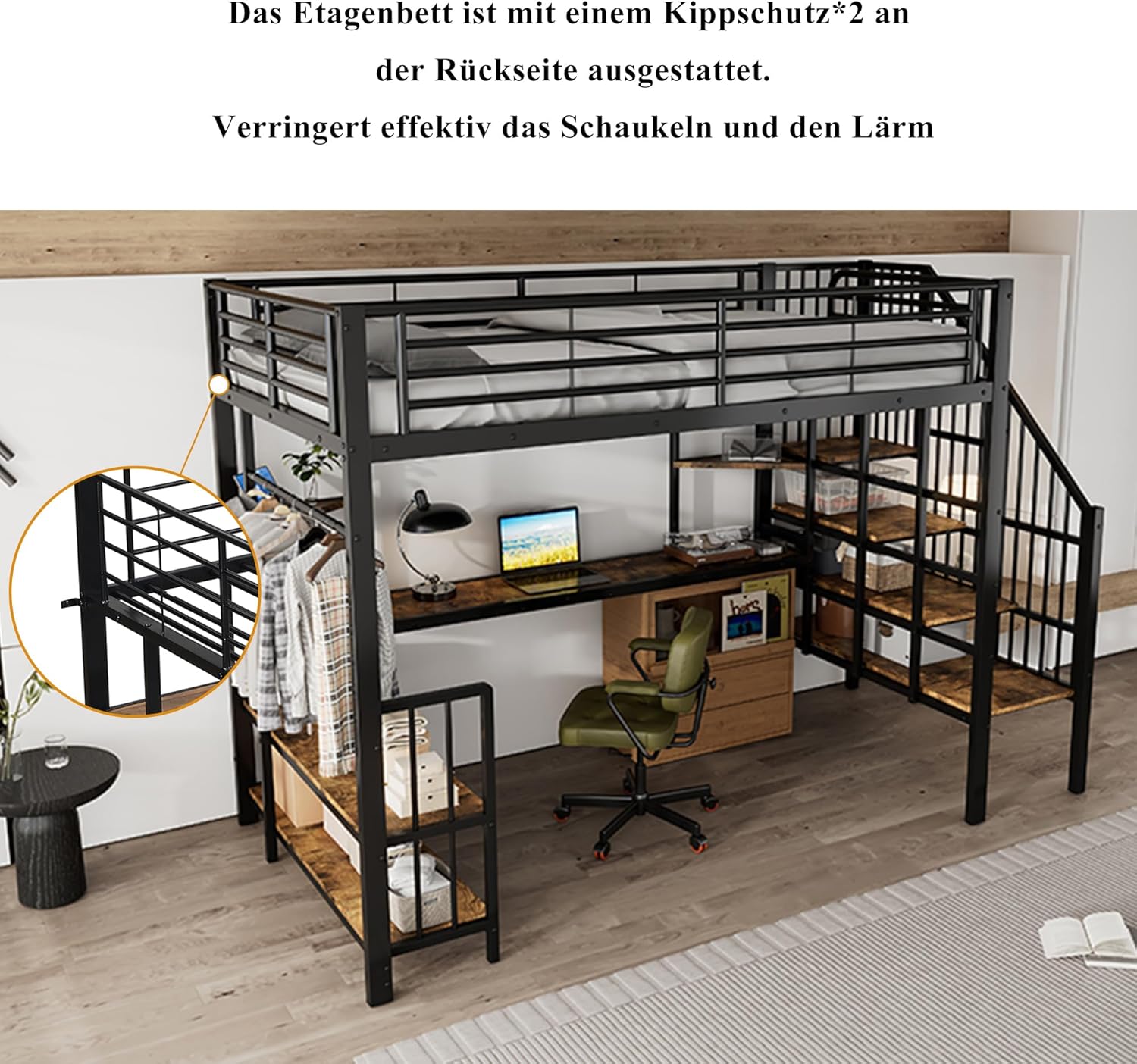 HESHU Metallbett Hochbett 120x200cm mit Schreibtisch und Ablageregal, Eisenbett Etagenbett mit offenem Kleiderschrank mit Hängebereich, Ecktreppe, Eisen + MDF, Schwarz+dunkle