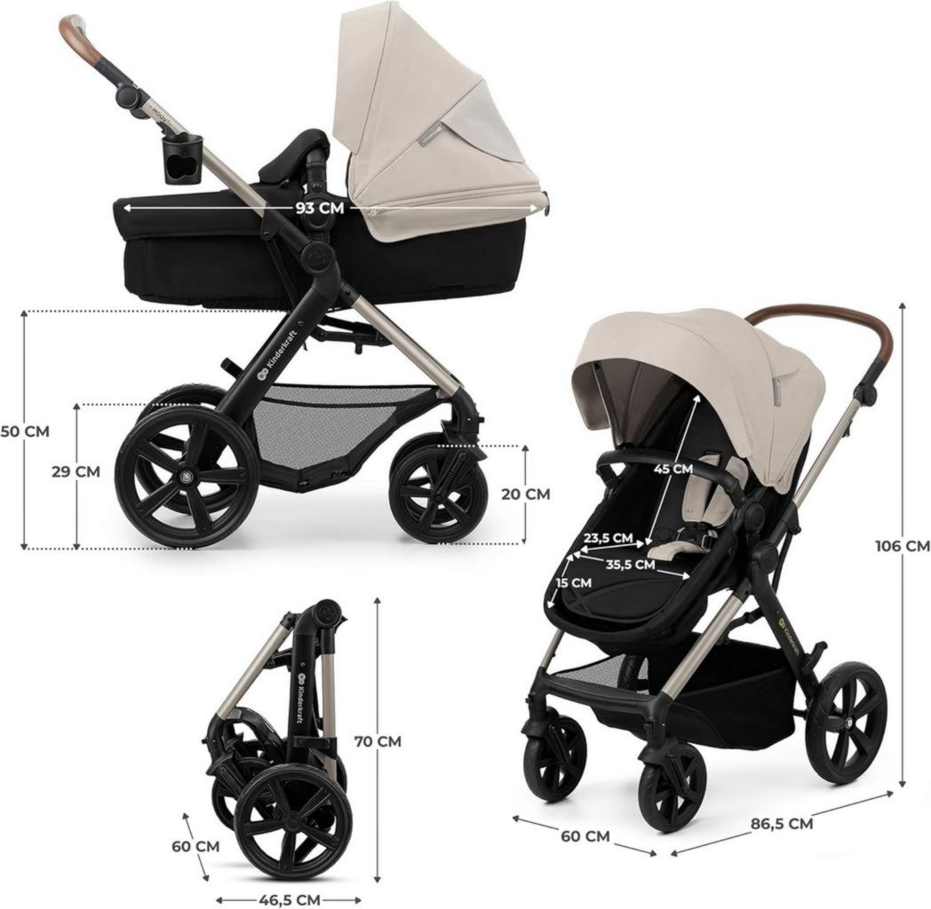 Poussette 3-en-1 Kinderkraft MOOV2, système de voyage de la naissance à 27 kg, siège auto Mink PRO I-Size inclus, pare-soleil extensible avec filtre UPF50+, accessoires pratiques, gris