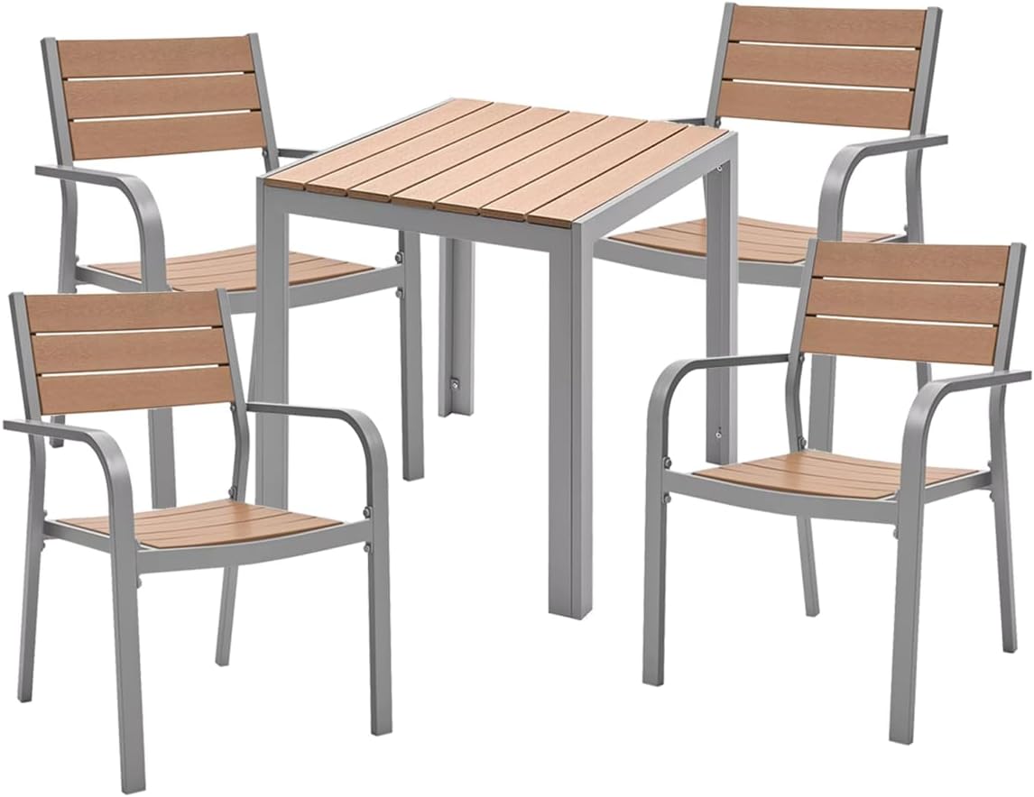 ASKON Gartengarnitur 5tlg. aus Aluminium und Non-Wood Teak-Optik, Stühle stapelbar, Sitzgarnitur mit 4 Gartenstühle mit Tisch, Poly-Holz