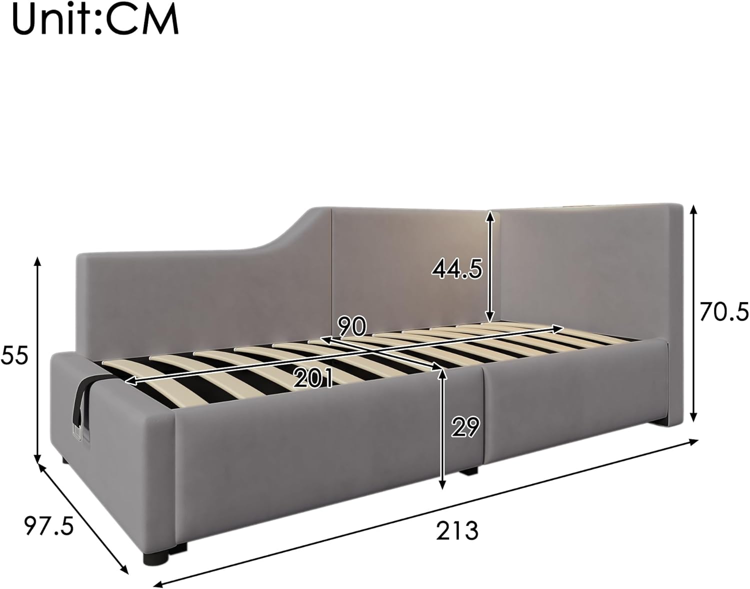 Polsterbett Tagesbett Daybett 90x200cm, Schlafsofa mit hydraulischem Stauraum, Leselichtfunktion und USB-C-Ladefunktion, Jugendbett Bettgestell, Samt (Grau, 90×200cm)
