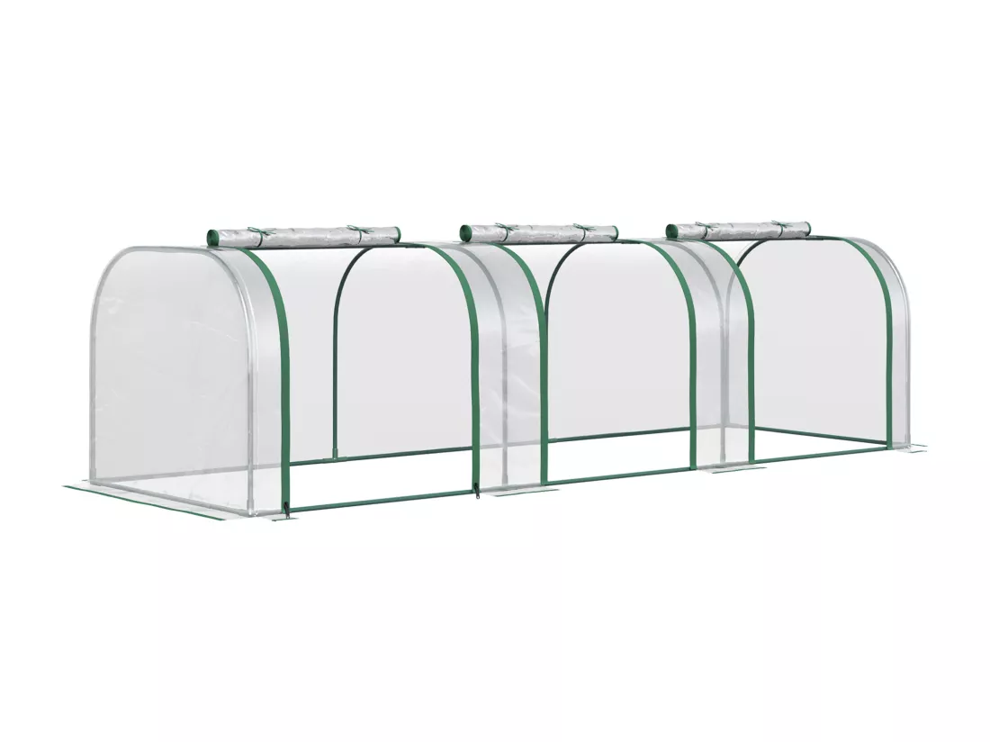 Serre de jardin tunnel 2,95L x 1l x 0,8H m 3 portes zippées bâche PVC transparent métal époxy vert