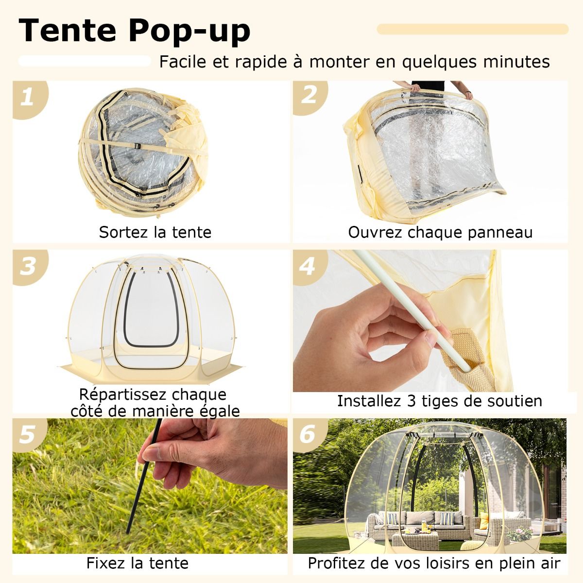 Tente Bulle à Ouverture Instantanée pour 6 à 10 Personnes Tente Dôme d'Extérieur 328 x 328 cm Résistante Aux Intempéries Transparent - Lidl-Manfred