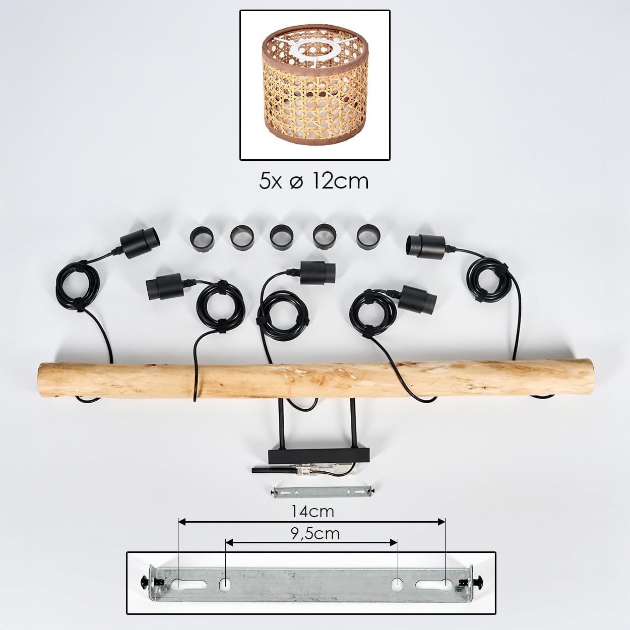 HOFSTEIN Hängeleuchte Barcos, 5-flammige Hängelampe aus Metall/Holz/Rattan/Wienergeflecht/Stoff Schwarz/Natur/Braun, Pendelleuchte im Boho-Design (Ø Schirme 12 cm), E27, Esszimmer, Küche, Wohnzimmer