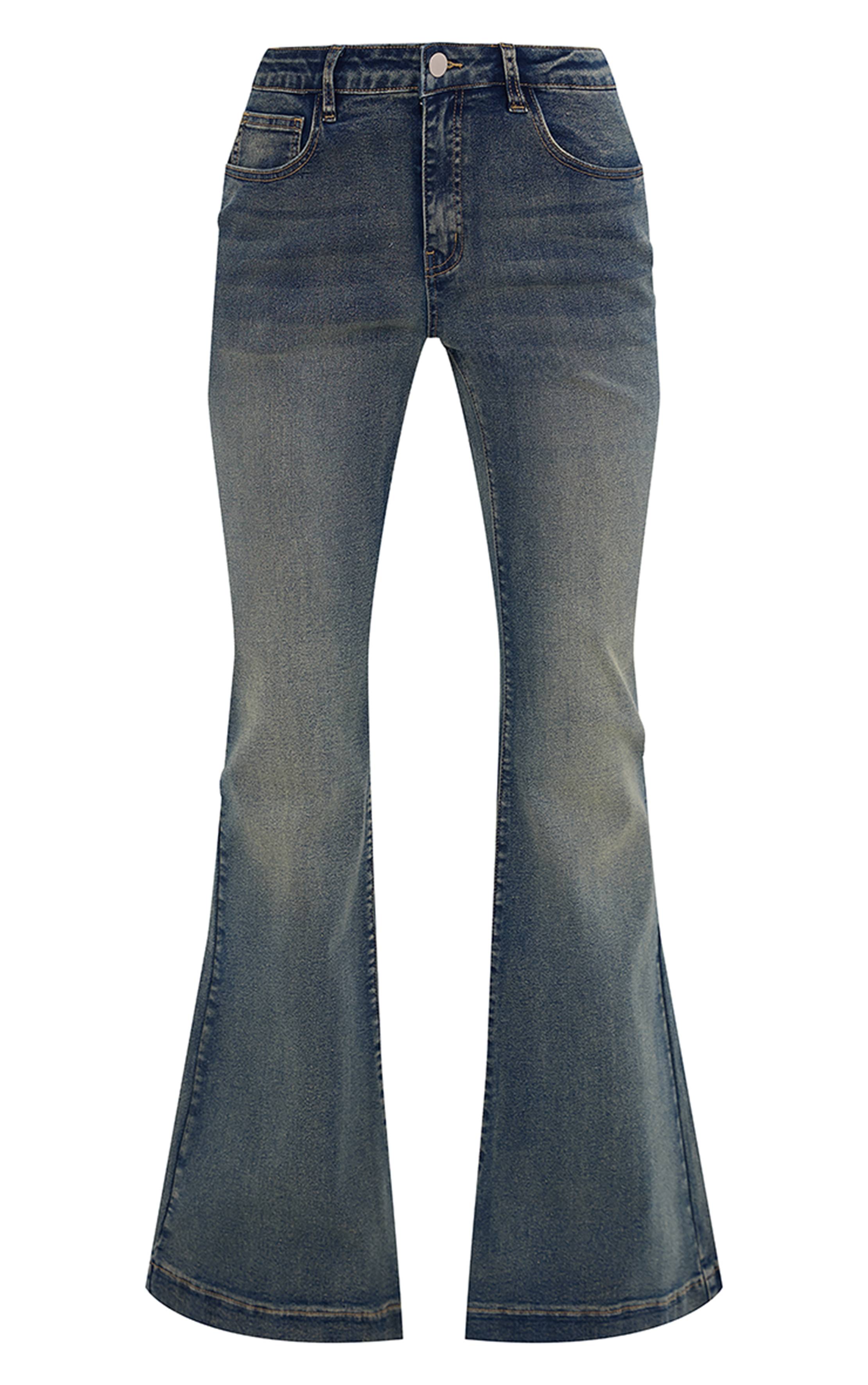 Délavage Vintage Jean Évasé Délavé À Taille Échancrée Effet Usé