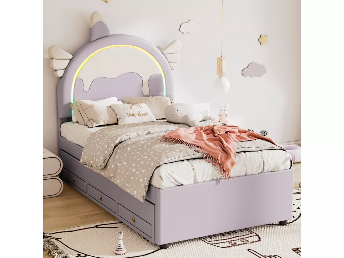 Lit gigogne 90 x 200 cm + 90 x 190 cm avec 3 tiroirs - Tête de lit en forme licorne - Similicuir - Violet