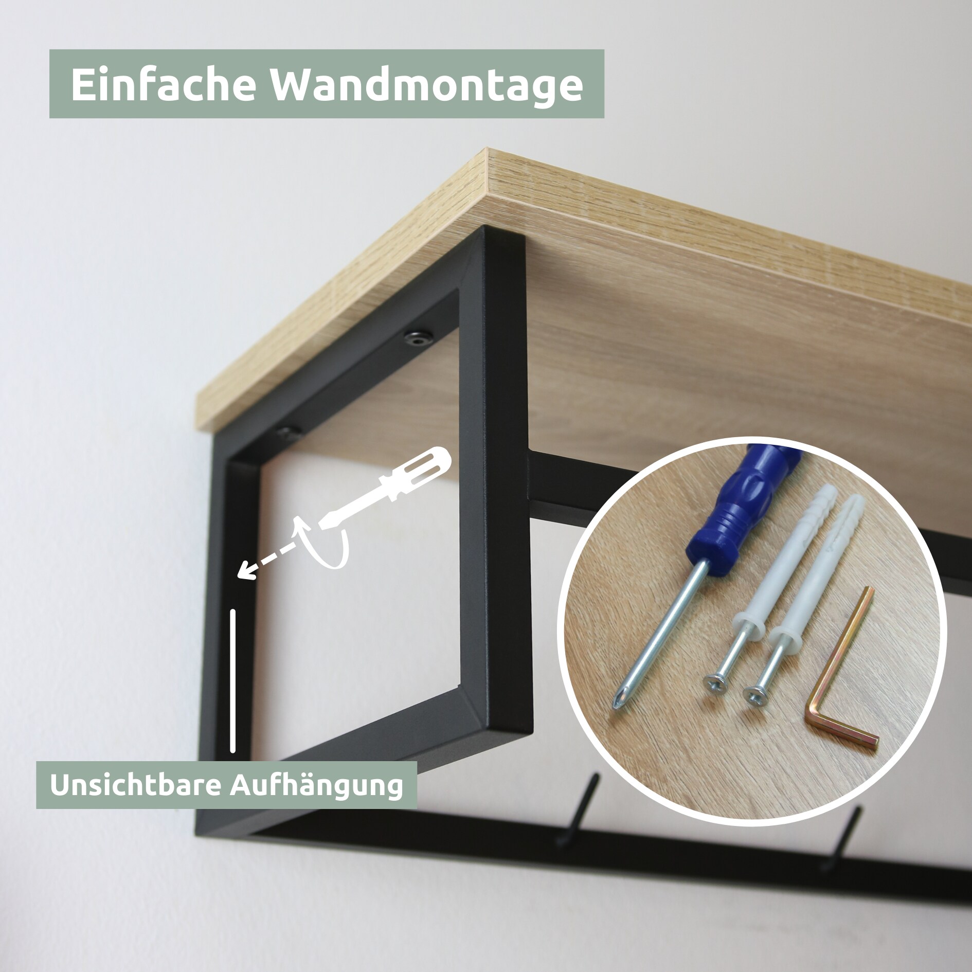 holz4home® Garderobe Sonoma Eiche - inkl. 3 Kleiderbügel aus Metall - Schwarz