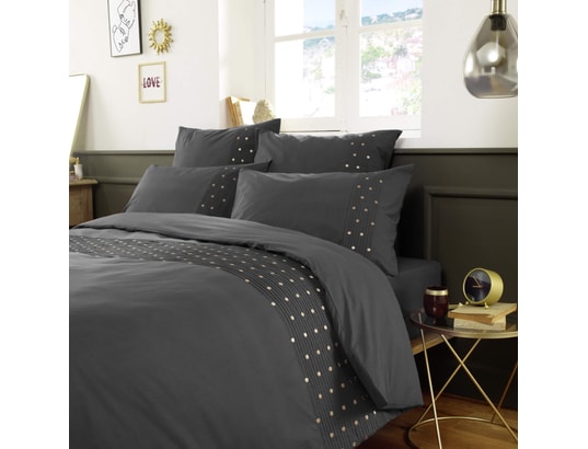 TERRE DE NUIT - Housse de couette brodée plis religieuses anthracite 200x20...