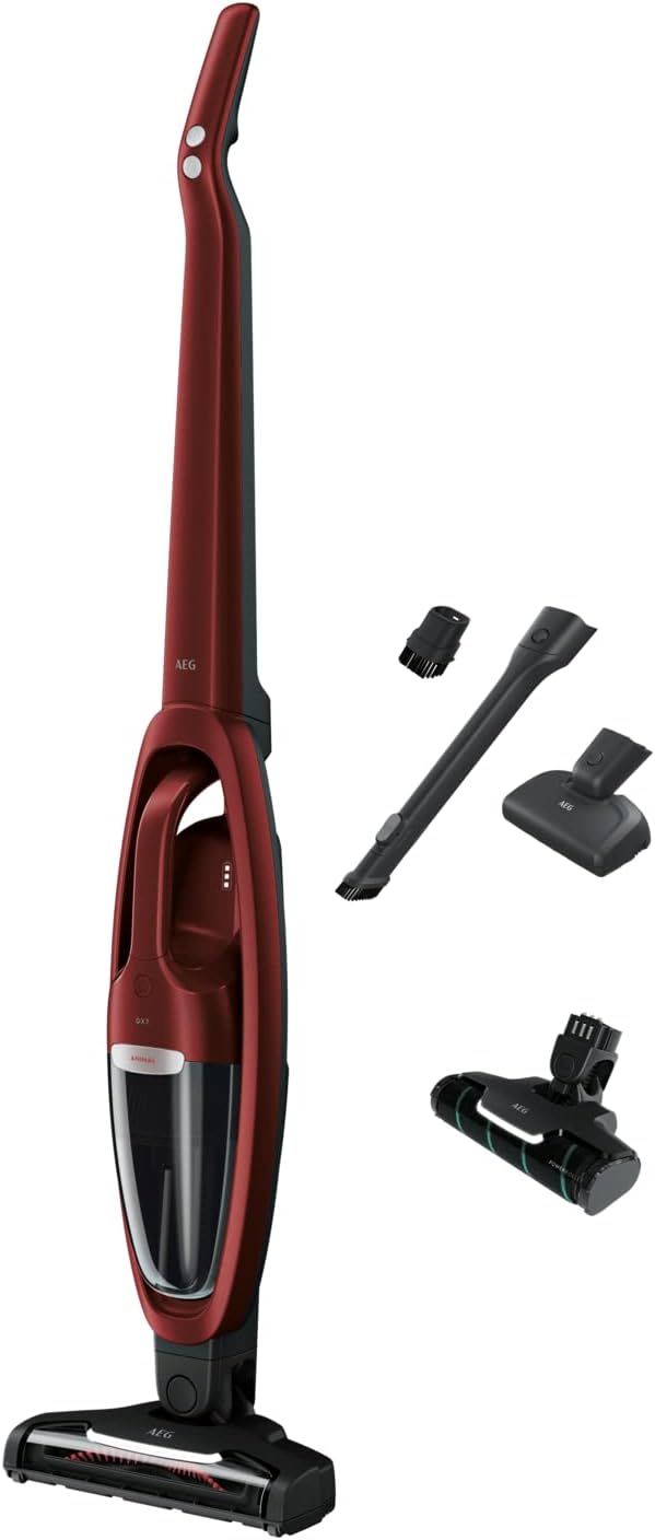 AEG QX7-ANIM 2in1 Akku Staubsauger / schlanke Bauform / Multi-Bodendüse / hochwirksam auf Teppichen / bis zu 50 min Laufzeit / 21,6 Volt / inkl. Tierhaardüse und Zubehör / freistehend / rot