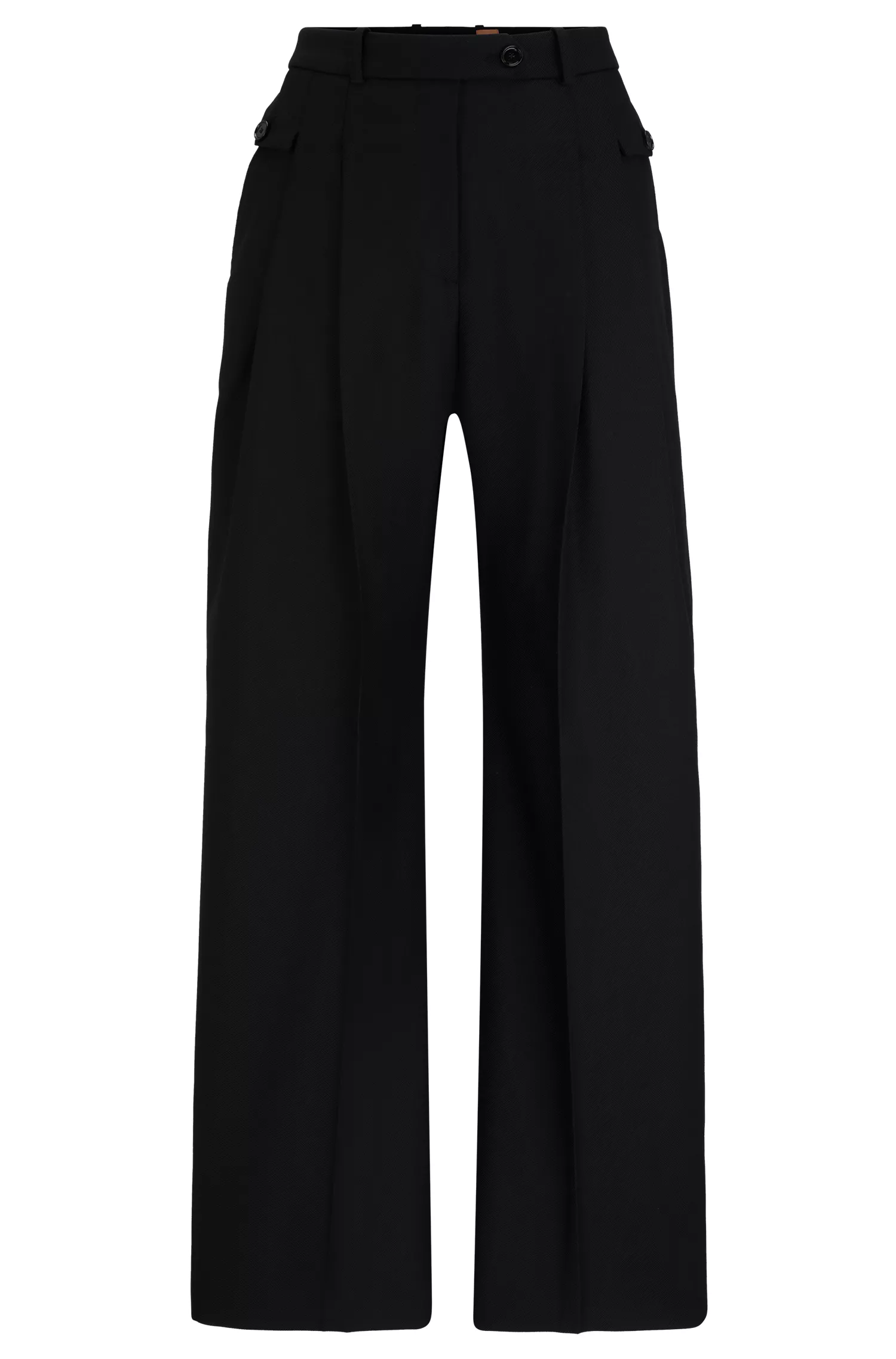 Calça BOSS preta de corte amplo e modelagem relaxada em sarja de lã virgem.