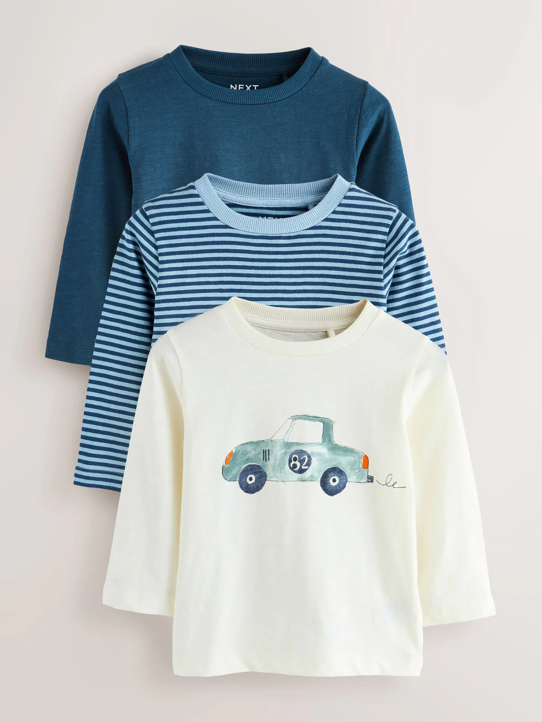 Blauwe waterverfauto - T-shirts met lange mouwen en dierenfiguurprint verpakking van 3 (3 mnd - 7 jr)