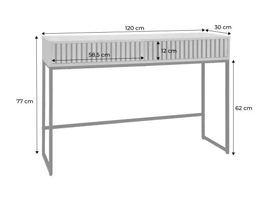 Console contemporaine avec 2 tiroirs en décor bois rainuré. structure et piètement en métal noir