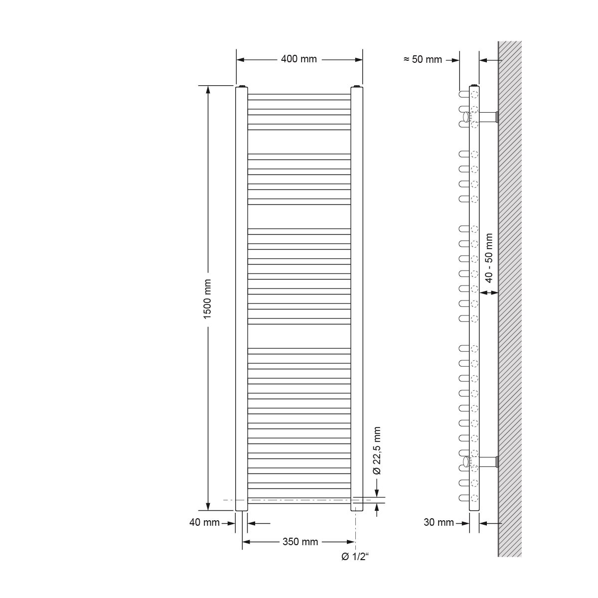ECD Germany Elektrische badkamerradiator 400 x 1500 mm Wit met 1200W verwarmingselement - Gebogen met zijaansluiting - Designradiator Handdoekverwarmer Handdoekdroger Handdoekradiator Verwarming