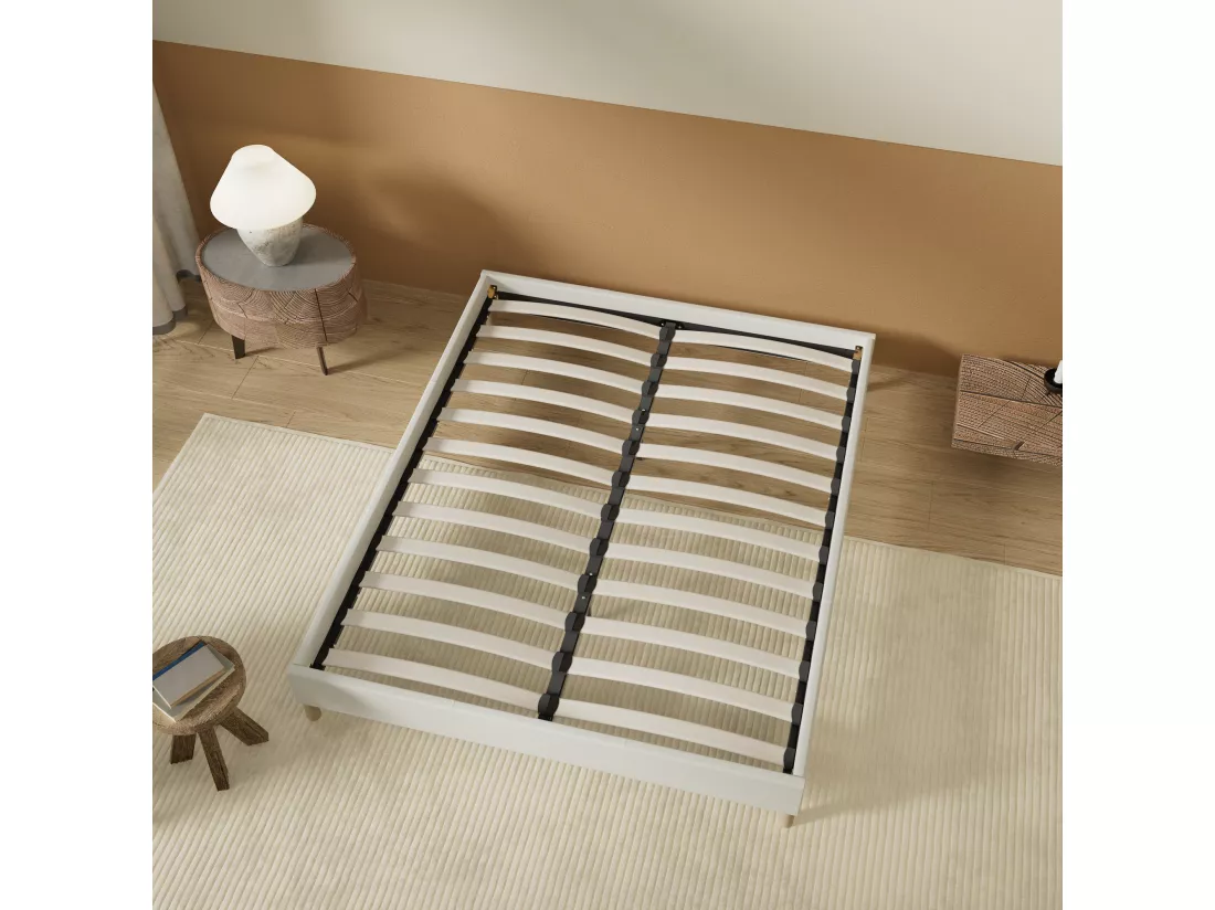 Sommier 90x190 cm, Revêtement en tissu Blanc Crème, Pieds en bois