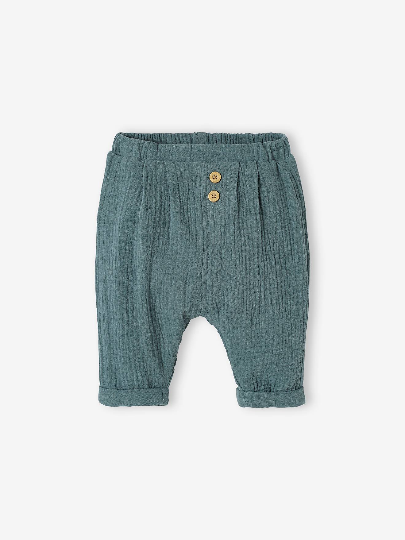 Calças harém lisas em chiffon de algodão verde claro
