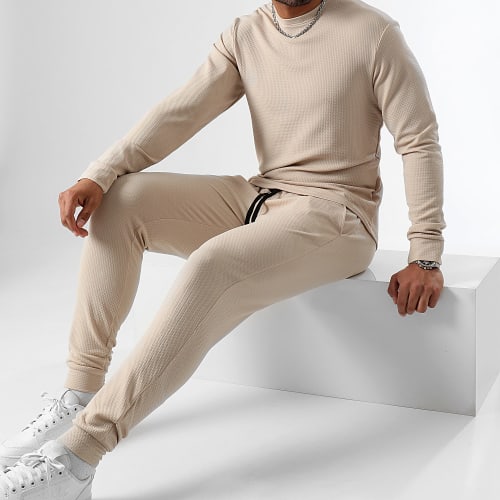 Ensemble Sweat Crewneck Et Pantalon Waffle 0658 Beige Clair