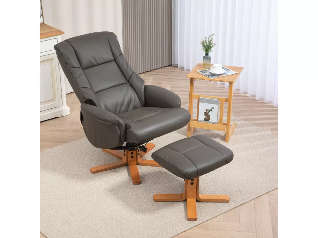 Fauteuil relax inclinable avec repose-pied assorti - fonction à bascule - bois revêtement synthétique gris
