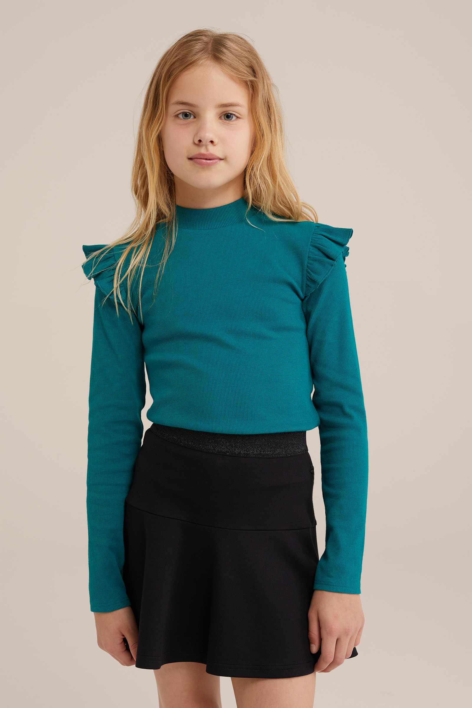 Meisjes geribd T-shirt met ruches WE Fashion Donkergroen