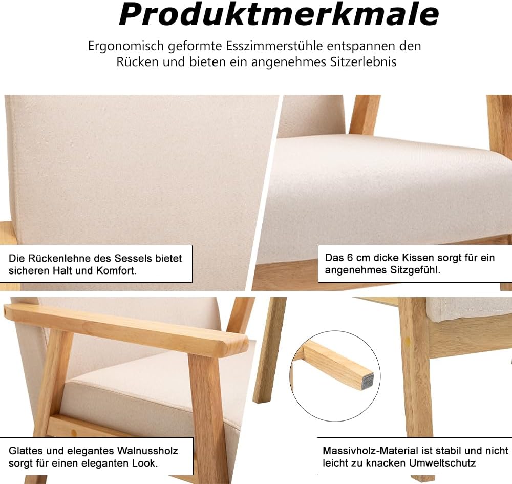 Mingone Sessel Gepolsterter Cocktailsessel Skandinavischer Stil Loungesessel Modern Einzelsofa Massivholz für Wohnzimmer Schlafzimmer Beige,64.5x67x73.5 cm