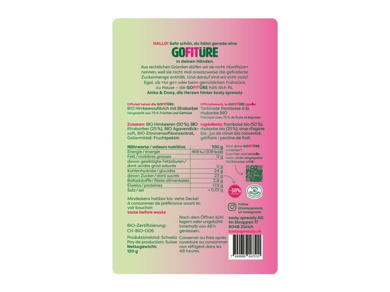 GOFITÜRE Bio Himbeeraufstrich mit Rhabarber 120 g Schweizer Himbeeraufstrich mit 50% weniger Zucker