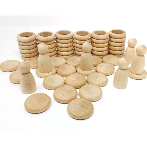 Grapat houten nins® poppetjes met ringen en schijfjes - naturel