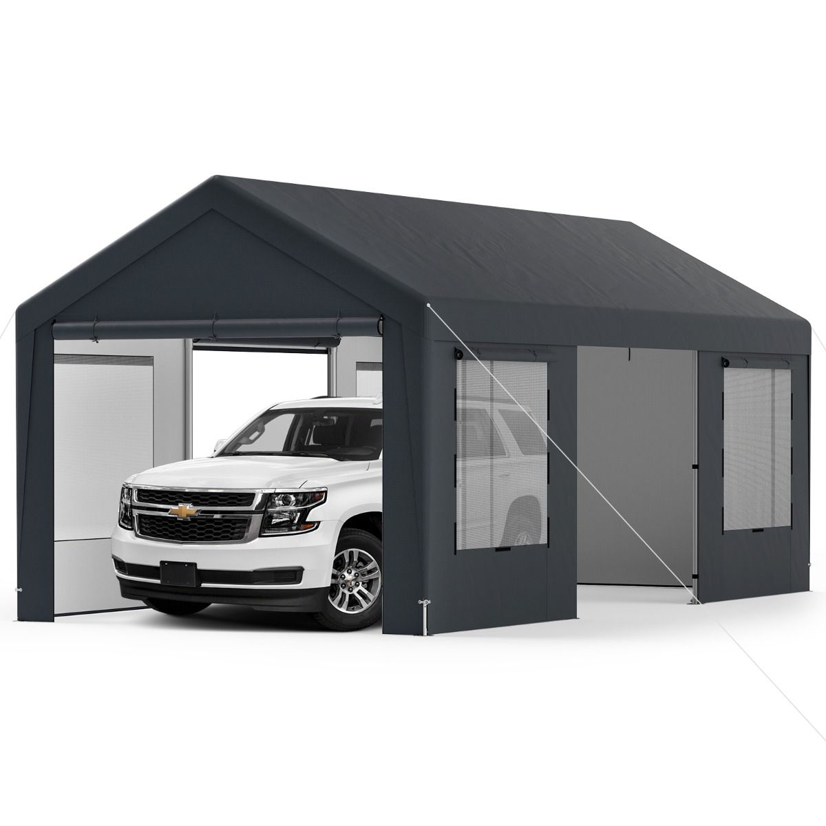 Abri de Voiture 595 x 300 cm Extérieur Tente de Garage avec 8 Parois Latérales Amovibles Portes Enroulables Fenêtres Ventilées Gris - Lidl-Manfred