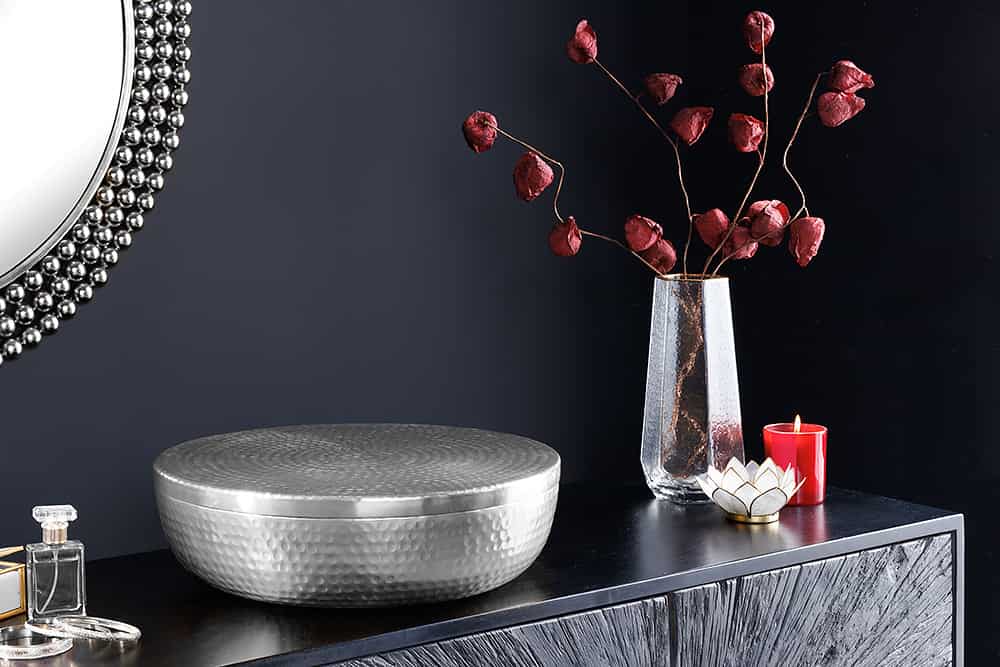 Handgefertigte Schale ORIENT 40cm silber Metall rund mit Deckel Schmuck-Dose