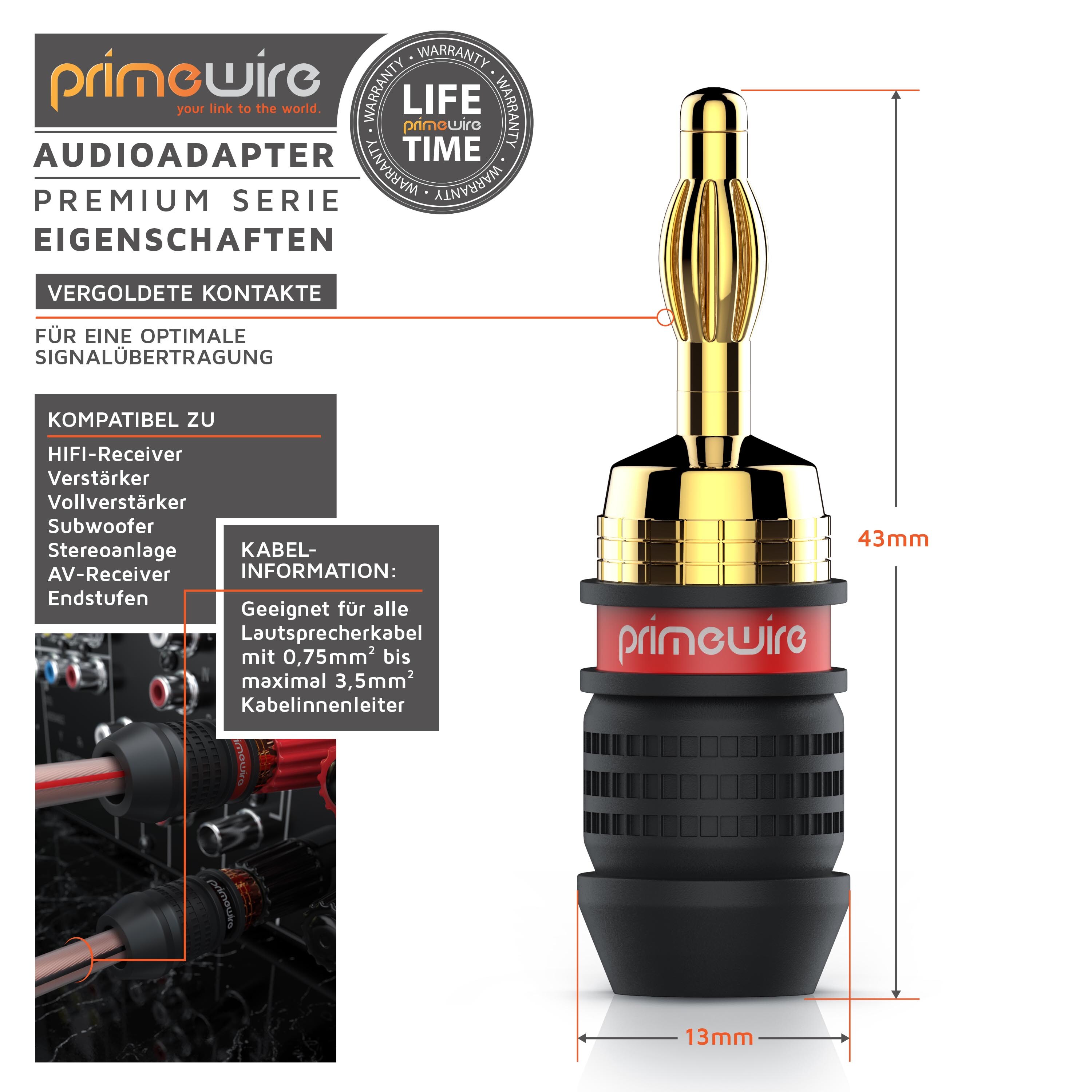 Primewire Audioadapter Bananenstecker für Kabel bis 3,5mm² für Verstärker, HIFI-Receiver uvm.
