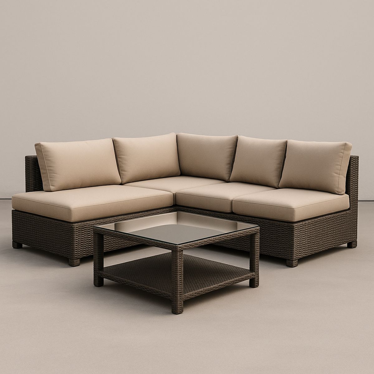 Eck-Sofagarnitur Set Rattan mit Sicherheitsglas Tisch Beige