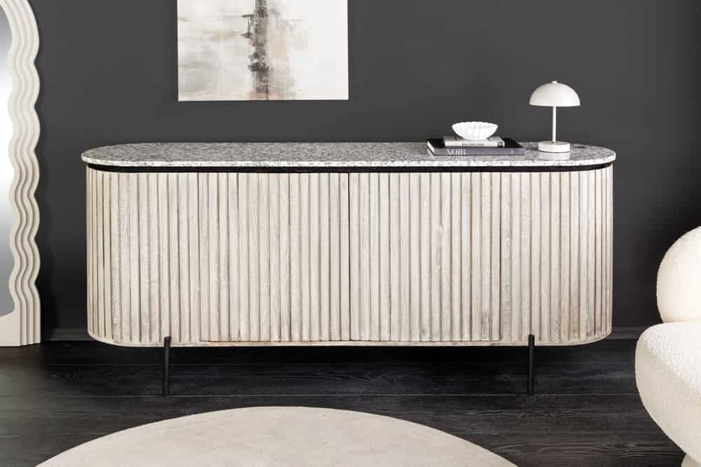 Massives Sideboard ADLON 170cm grau gebürstet Mangoholz mit weißer Marmorplatte
