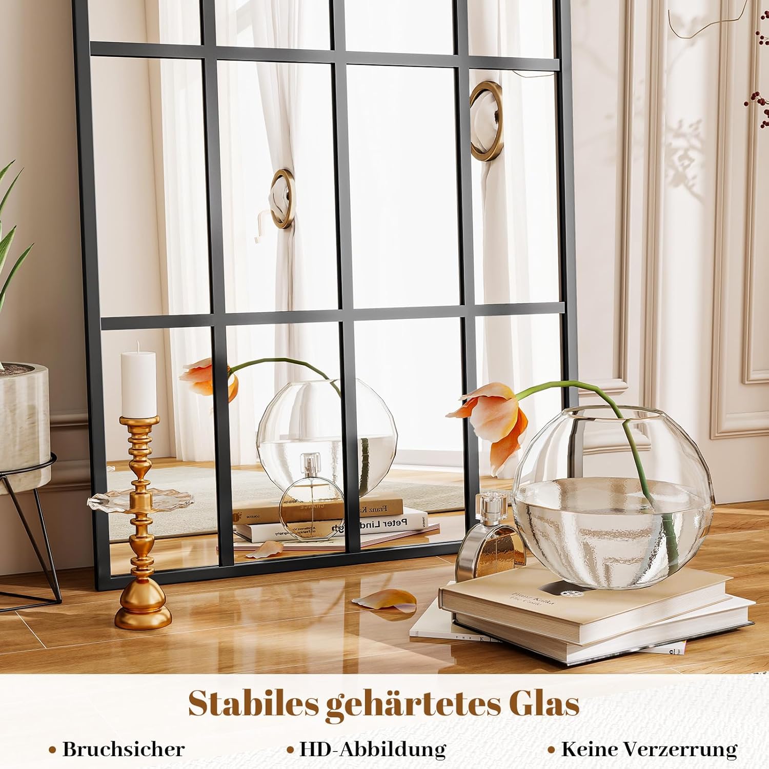 Koonmi 60x164 cm Fensterscheibe Gewölbter Ganzkörperspiegel - Raster-Designed Dekorative Vollkörper Wandspiegel mit Metallrahmen hängend Schrägung für den Eingang, Wohnzimmer Dekoration, Schwarz