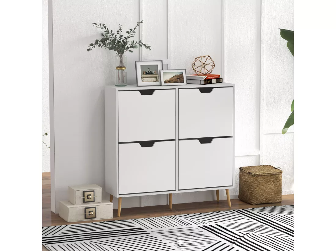 Meuble à chaussures design scandinave 4 portes abattantes 4 étagères réglables bois pin panneaux blanc