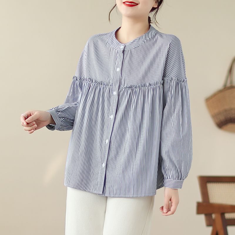 YARU - Blouse met lange mouwen, bandkraag, strepen en volantpaneel