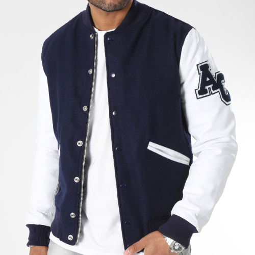 Veste Teddy Cuir Bleu Marine Blanc