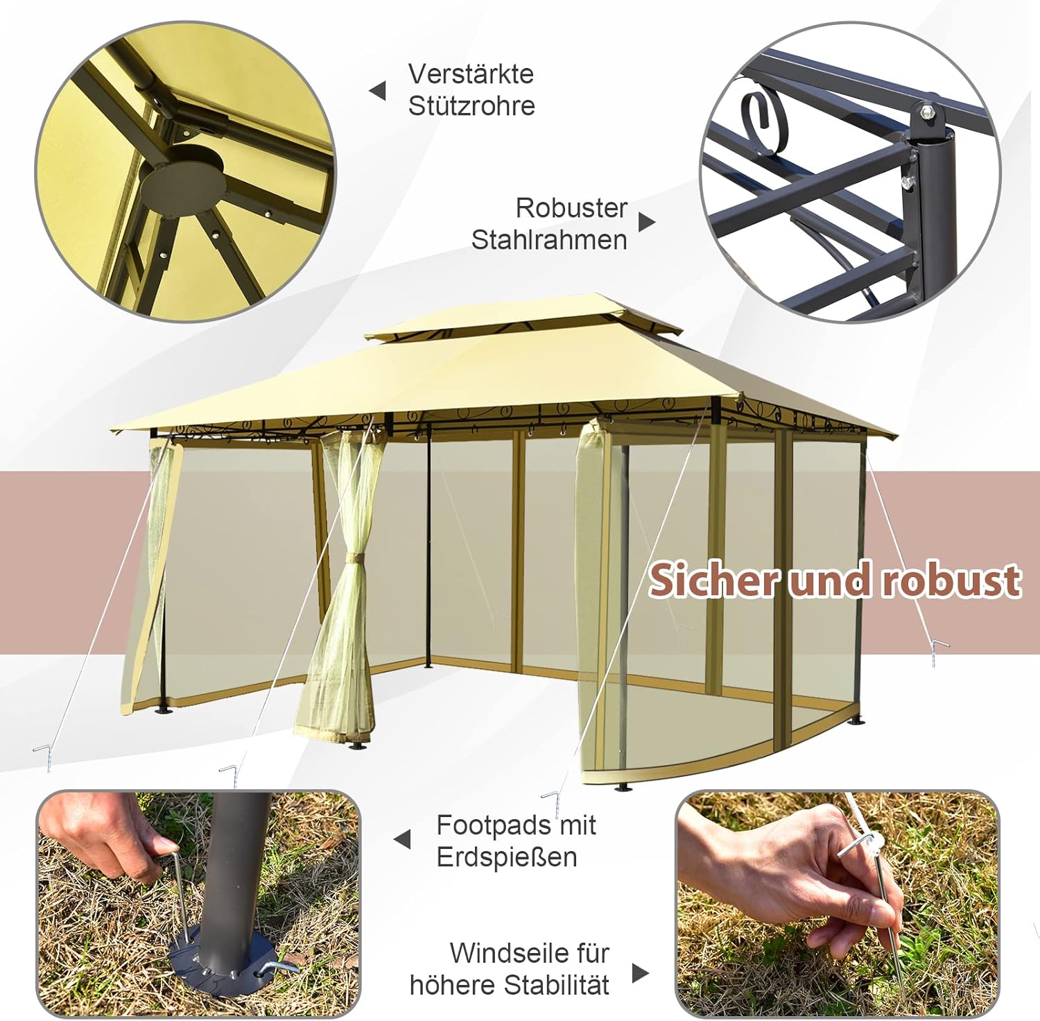 COSTWAY Pavillon Metall 3x4m, Gartenpavillon mit abnehmbaren 4 Seitenwänden, Gartenzelt Luxus, Festzelt Partyzelt Stabil, fürs Picknicken, Grillen, Hochzeiten (Beige)