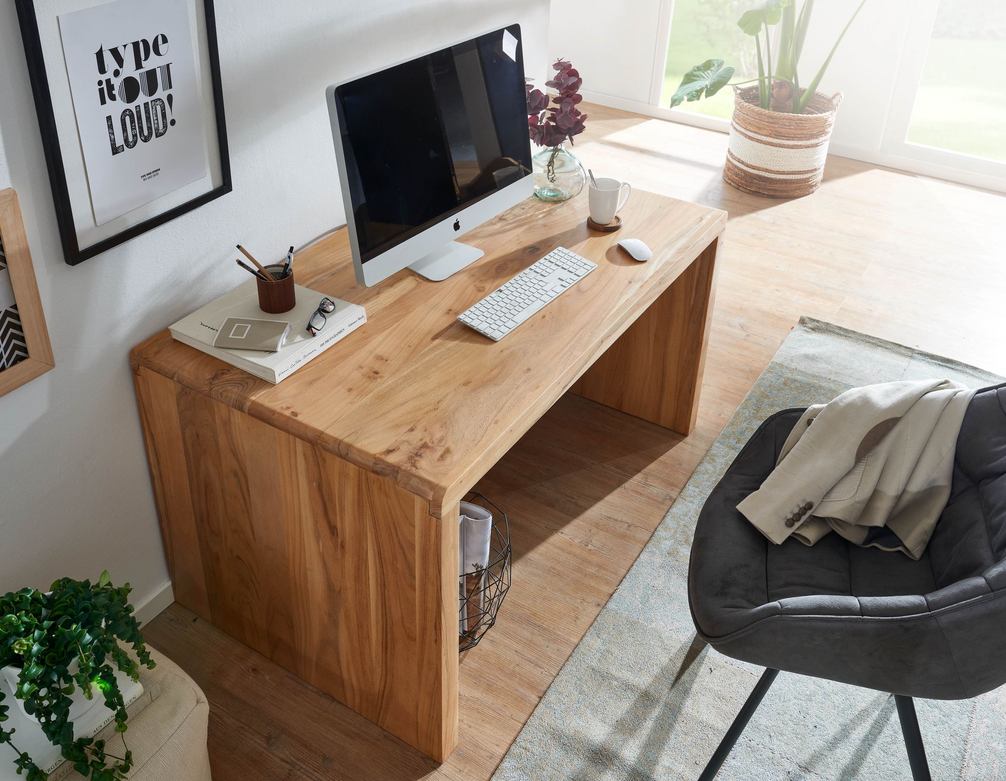 FineBuy Schreibtisch 160 x 80 x 76 vm Akazie Massiv Bürotisch Büromöbel