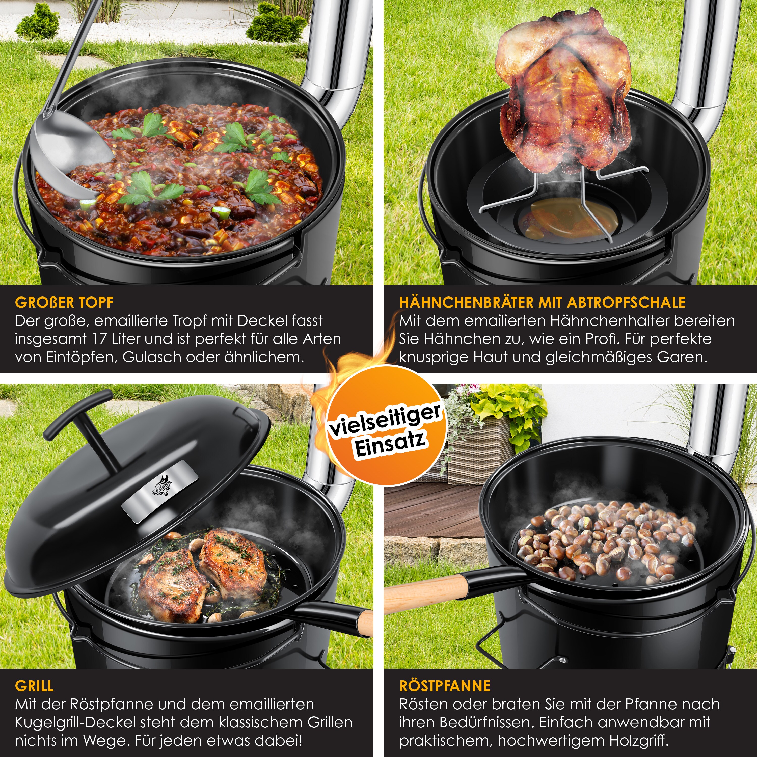 KESSER® Gulaschkessel Gulaschkanone | Eintopfofen mit Grillfunktion Ofen Grill Kugelgrill + Hähnchenbräter 8L Pfanne Kesselgulasch Topf 17 Liter emailliert mit Deckel für die Outdoor Küche Feldküche