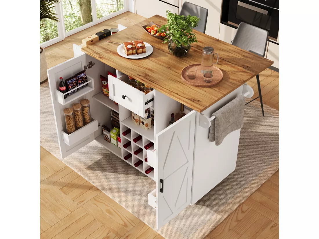Îlot de cuisine moderne, meuble buffet avec grain de bois, 137.5×39.5×95.6 cm, MDF, Blanc
