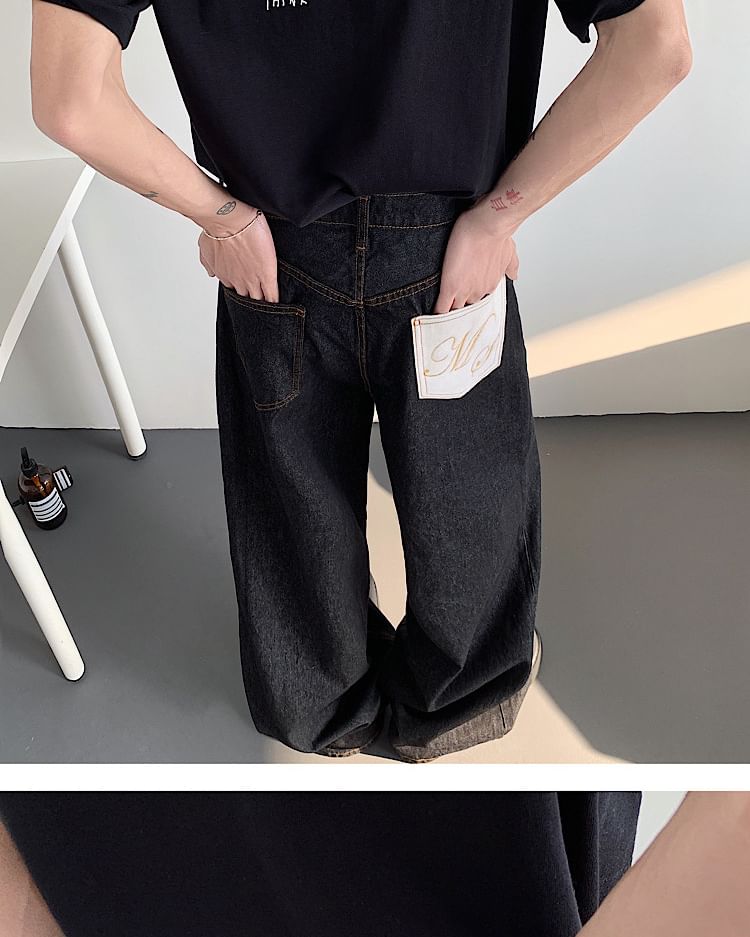Omozando - Mid Rise Lettering Geborduurde Wijde Jeans