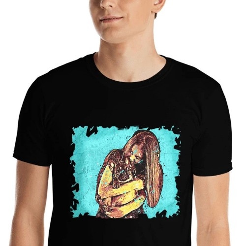 Camiseta masculina Mascochula, personalizada com grafite do seu animal de estimação preto.