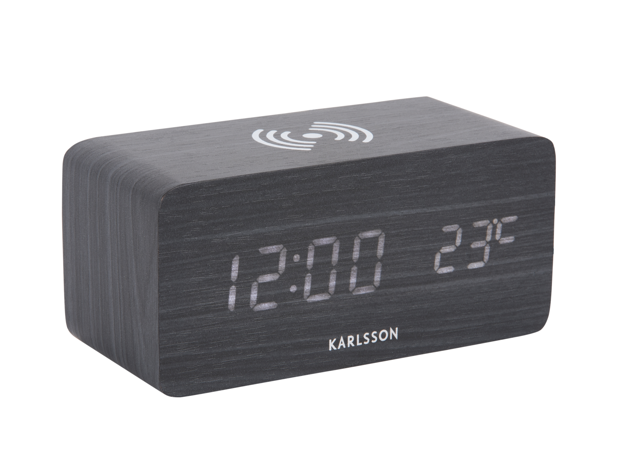 Alarm clock Block w. phone charger LED black veneer, white LED