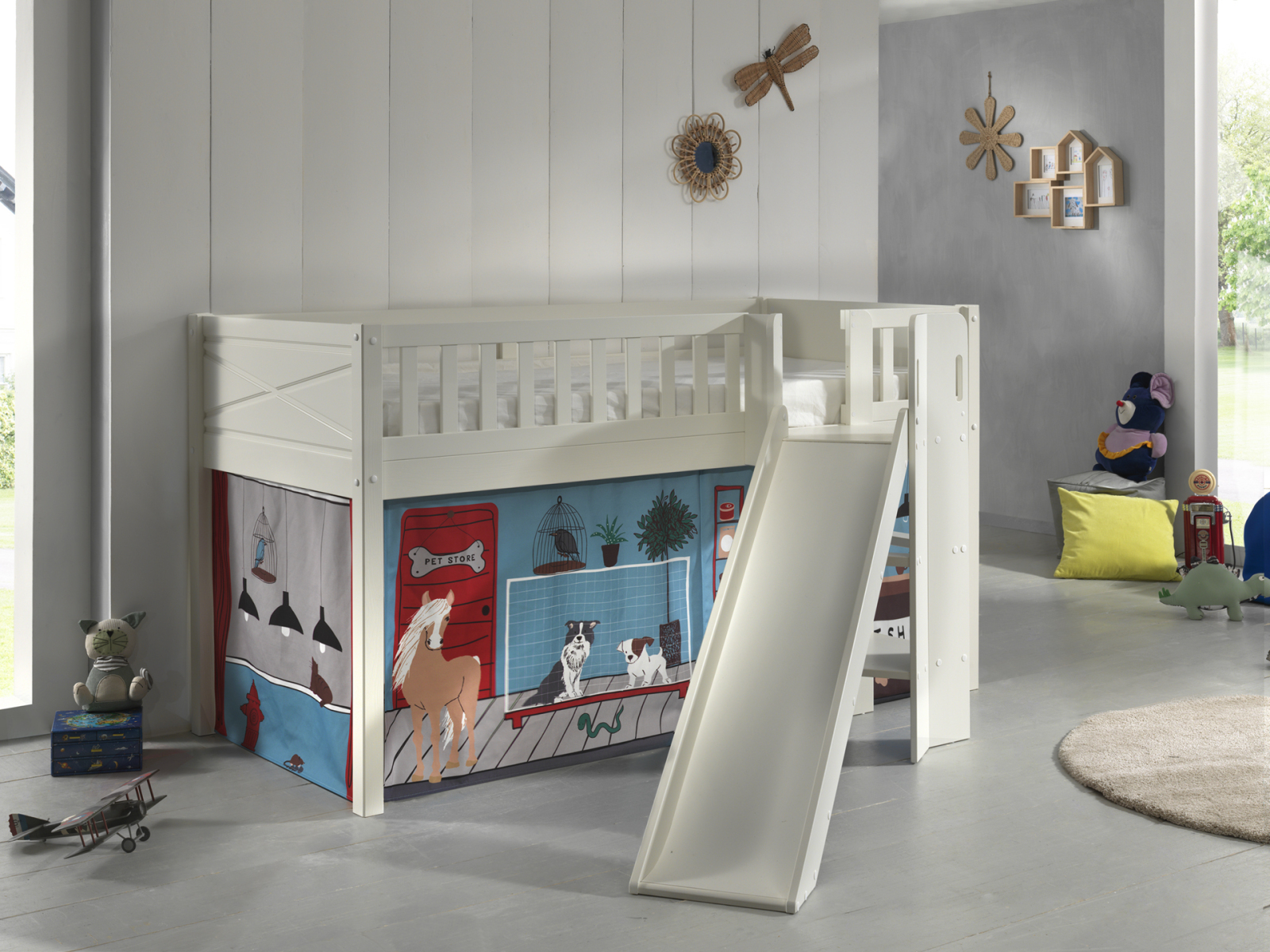 Spielbett SCOTT - weiß - Pet Shop - mit Rutsche, Vorhang und Leiter - 90x200 cm