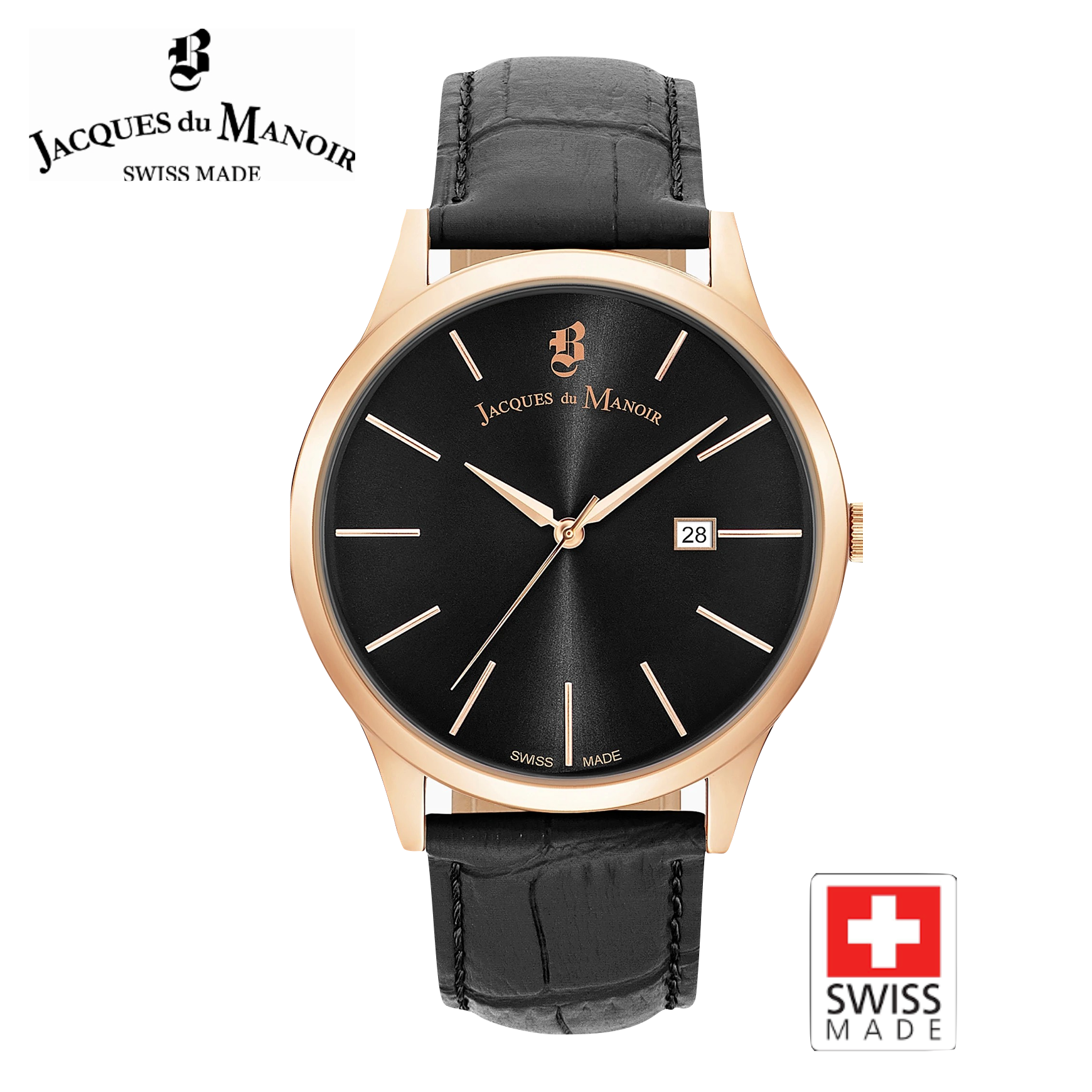 (Ø40mm) Swiss Made Emotion Quarz Leder Armbanduhr Analog (Gelenkumfang 190-240mm) - Schwarz / Roségold