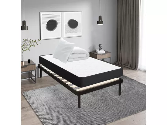 Lit Ensemble Matelas et Sommier 90x190 cm - Matelas 90x190x15cm Mousse avec 1 Couette 140x200 cm et 1 Oreiller 60x60 cm et Sommier 90x190cm avec Pieds (Deux colis)