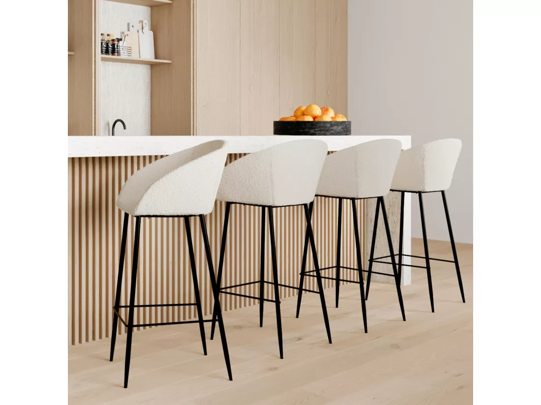 Lot de 2 chaises de bar effet laine bouclette blanche 75 cm - Marquise